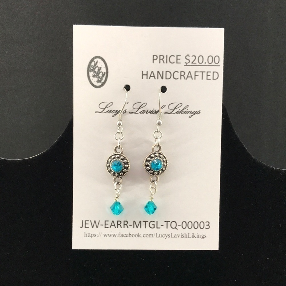 HANDCRAFTED EARRINGS—FISHHOOK DANGLES—Turquoise Colored Glass/Antique Silvertone - Picture 3 of 12